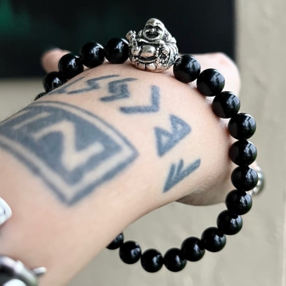 Men Buddha shinny onyx gemstones beads boho handmade bracelet